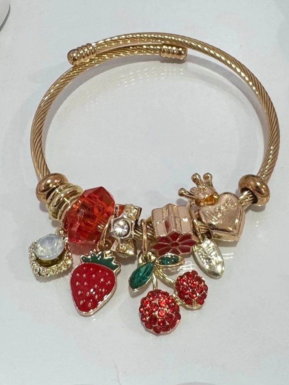 New Gold Tone Cuff Charm Bracelet w/ Strawberry Red Charms